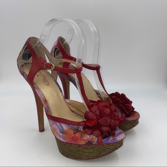 Poetic License platform floral 3D rosette petals strappy heels sandals - Picture 3 of 7